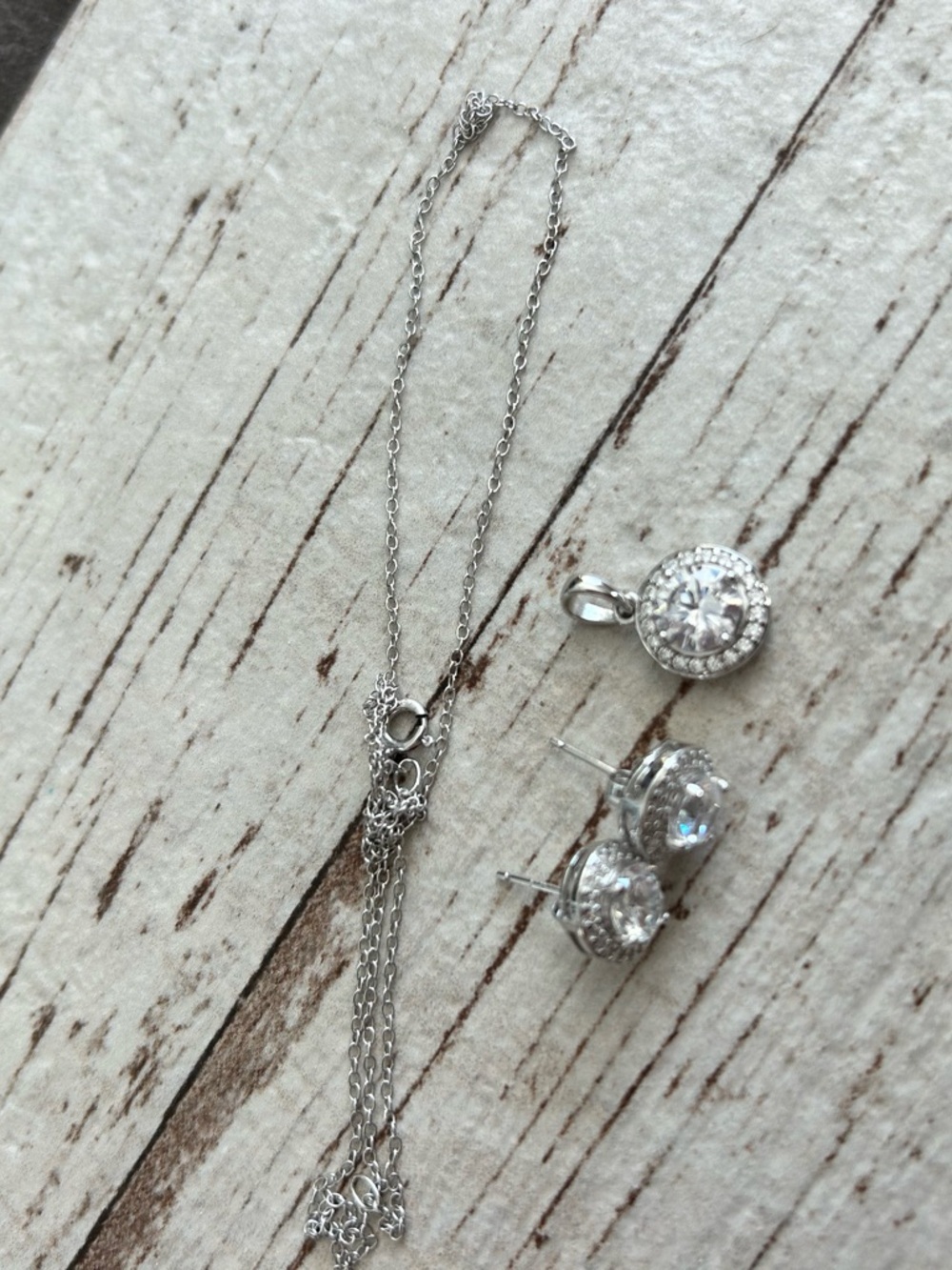 Sterling Silver Clear Crystal Necklace and Stud Earrings Set